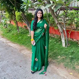 Green Pure Georgette Saree with Hand work